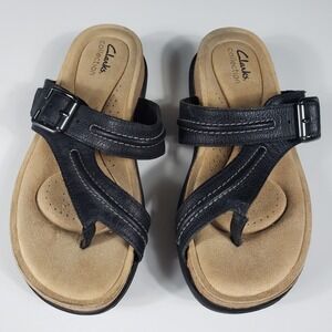 Clarks Collection Brinkley Luma Black Leather Thong Wedge Sandals Womens Size 8